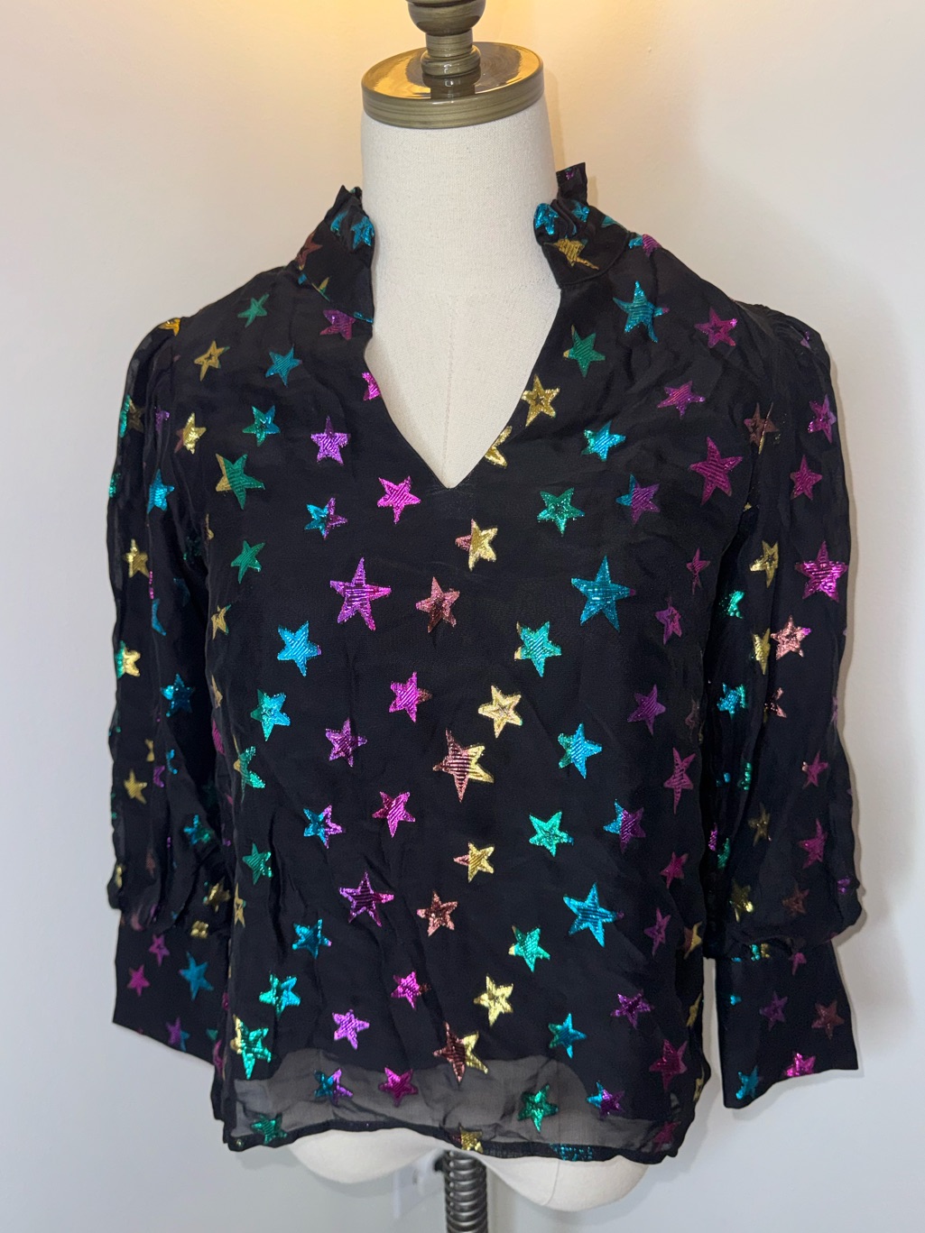Emily Lovelock Women’s Xs Hailey Black Colorful Metallic Star Blouse Top